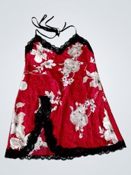 Red Floral Print Nightgown with Black Lace Trim