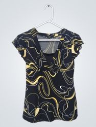 Black and Yellow Swirl Pattern V-Neck Top