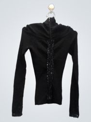 Black long sleeve top with zipper and sequin detai..