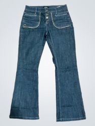 Blue Denim Flare Jeans with Embellished Pockets