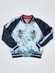 Light Blue Satin Bomber Jacket with Crane Design