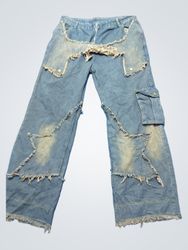 Distressed Denim Cargo Pants with Star Patches