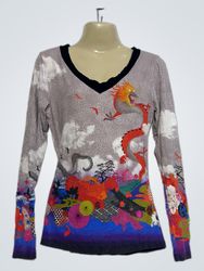 Long sleeve t-shirt with dragon and floral print