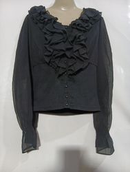 Black Blouse with Ruffles and Sheer Sleeves