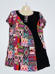 Women's Patchwork Print Short Sleeve Top with Zipp..