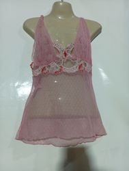 Pink lace trim sheer babydoll chemise