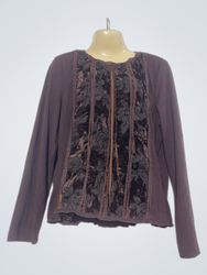 Brown Long Sleeve Top with Velvet Floral Panel