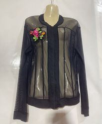Black sheer mesh bomber jacket with floral appliqu..