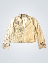 Women's Tan Leather Jacket with Floral Embellishme..