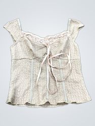 Tan textured square neck top with lace trim and ri..