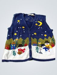 Bobbie Brooks Blue Snowman and Moon Embroidered Bu..