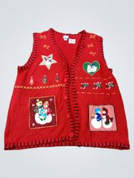 Red Christmas Vest with Snowman and Tree Appliques