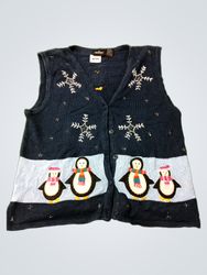 Blue Sleeveless V-Neck Sweater with Penguins and S..