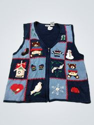 CAPACITY WOMAN Blue Knit Vest with Winter Applique..