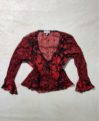 Peyona Red Floral Print Long Sleeve Blouse