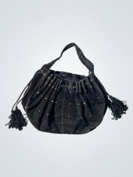 Black Suede Hobo Bag with Gold Studs and Tassels