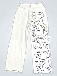 White Wide Leg Jeans with Abstract Face Print