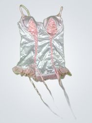 Silver Satin Bustier Corset with Pink Lace Details