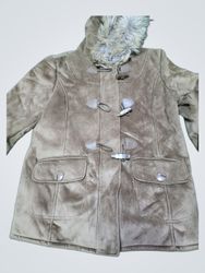 Brown Hooded Duffle Coat with Faux Fur Trim