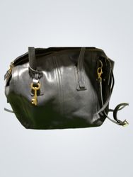 Fossil Black Leather Satchel Handbag with Key Char..