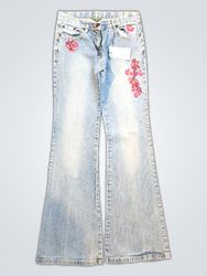 Light Wash Flare Jeans with Pink Floral Embroidery