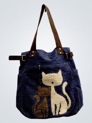 Denim tote bag with cat and bear applique