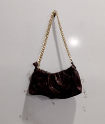 Brown Ruched Shoulder Bag with Gold Chain