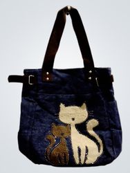 Denim tote bag with cat applique
