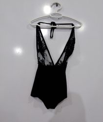 WANTMYLOOK Black Lace Plunge Bodysuit