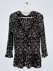 Black floral print pleated long sleeve top
