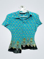 APT.9 Women's Blue Print Pleated Short Sleeve Shir..