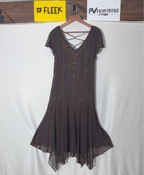 S.L. Fashions Brown Beaded V-Neck Midi Dress