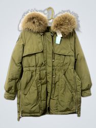 Olive Green Puffer Jacket with Fur Trim