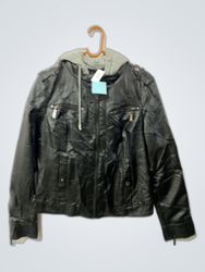 Leather Jacket with Gray Hood