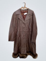 Brown Leather Coat with Fur Trim