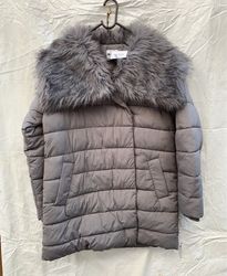 Gray Puffer Coat with Fur Collar