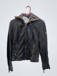 Black Leather Jacket with Gray Hood
