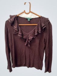 Brown Ruffled Off-The-Shoulder Long-Sleeve Top