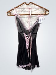 Schwarze Mesh-Lingerie-Chemise mit rosa Spitze und..
