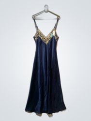 Navy Satin Slip Dress with Lace Trim
