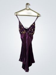 Purple Pleated Mini Dress with Gold Embroidery