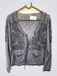 Embroidered Gray Knit Cardigan