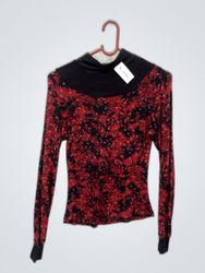 Long-sleeve red and black floral shirt