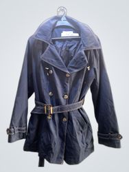Navy Blue Trench Coat with Belt and Hood