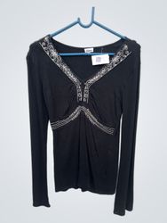 Etam Black Long Sleeve Embellished V-Neck Top