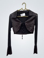 Black Cropped Blouse with Lace-up Front
