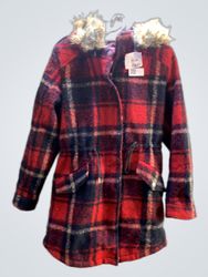 Plaid Hooded Coat with Fur Trim