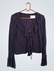 Top a maniche lunghe blu navy con volant e lacci d..