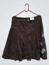 Brown Corduroy Skirt with Floral Embroidery