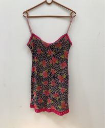 Leopard and floral print slip dress with pink lace..